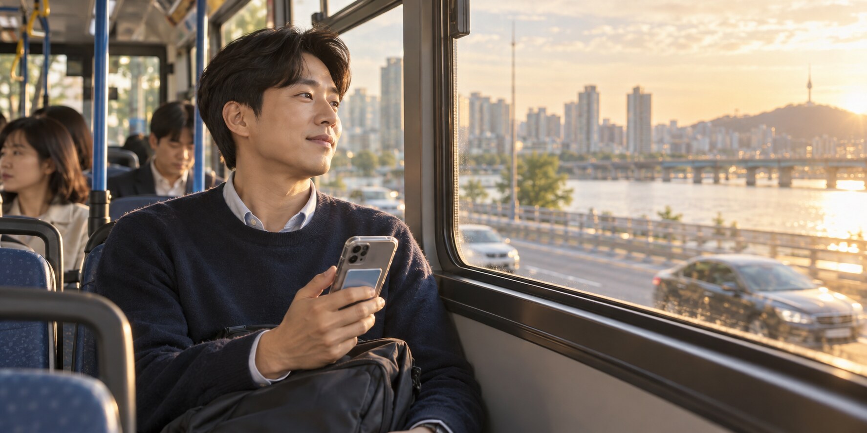 仕事帰りの韓国の利用者が、カード収納ケース付きスマートフォンを手に市内バスに乗っています。