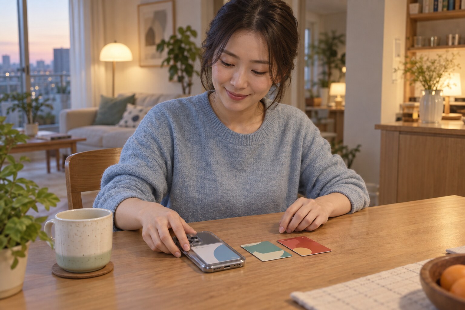 夜の自宅で、韓国の利用者がAndroidスマートフォンと交通カードをテーブルに置いています。