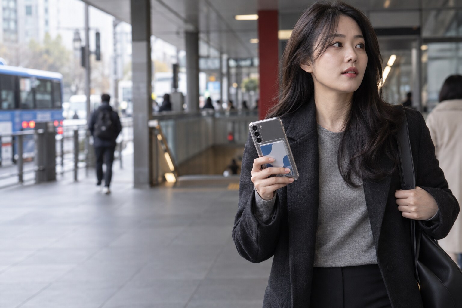韓国の通勤者が、交通カードを透明な一体型ケースに収納したAndroidスマートフォンを持っています。